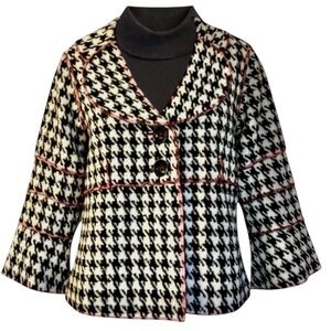 Beebop & Wally New York Houndstooth Jacket Black Off White Red Trim Button Front